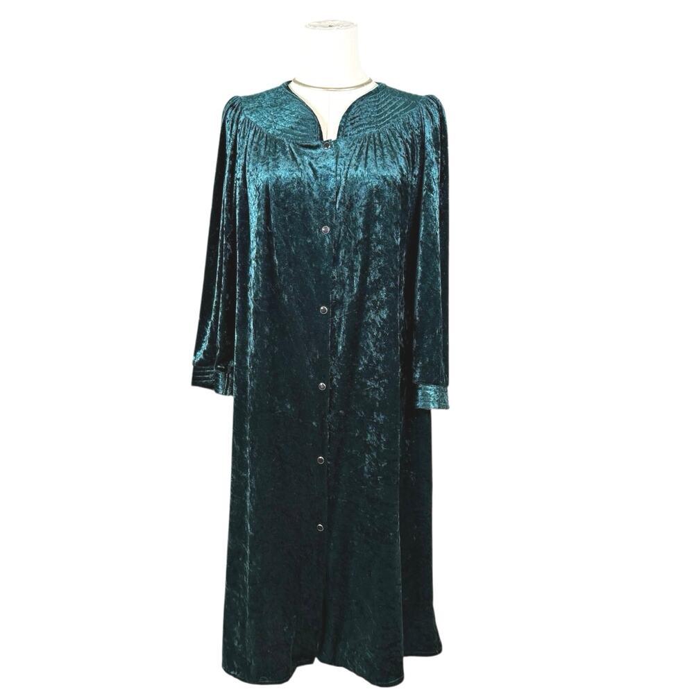 Simply Basic Emerald Green Crushed Velvet Button Down Robe Housecoat Mumu Large